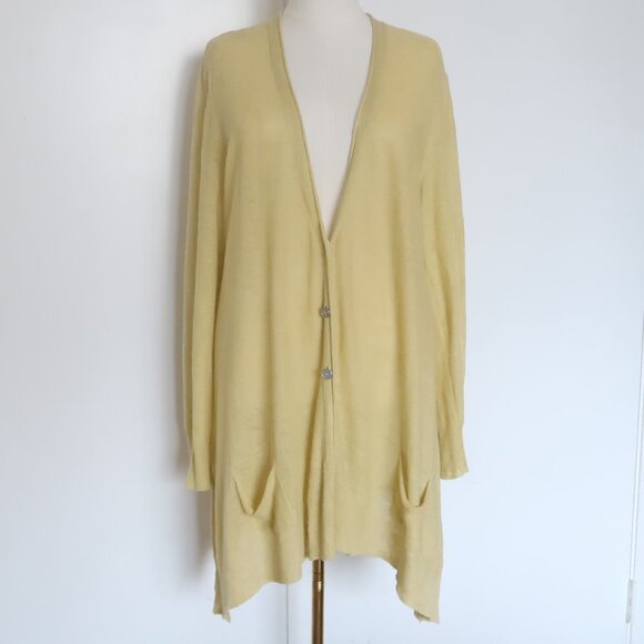 Eileen Fisher 100% Linen Long Cardigan Sweater Light Yellow Button Front Size L - Picture 1 of 9